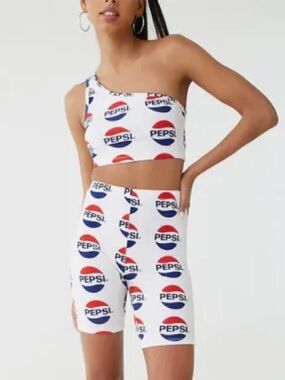 Pepsi White One-Shoulder Crop Top with Matching Bike Shorts Size Small